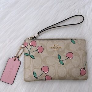 COACH Corner Zip Wristlet Signature Canvas Cherries Neutral Pastel NWOT